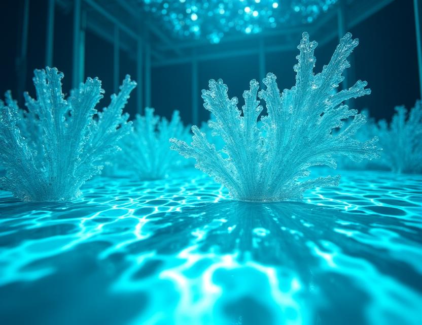 Particolare di un allestimento con luci blu e sculture di corallo